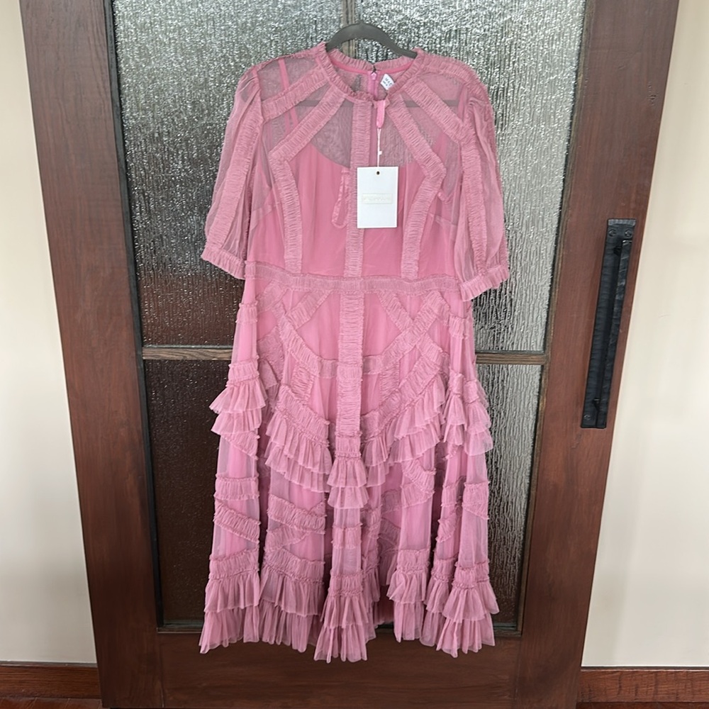 Mac Duggal Mauve Pink Lace-Trim Midi Dress - Picture 7 of 14